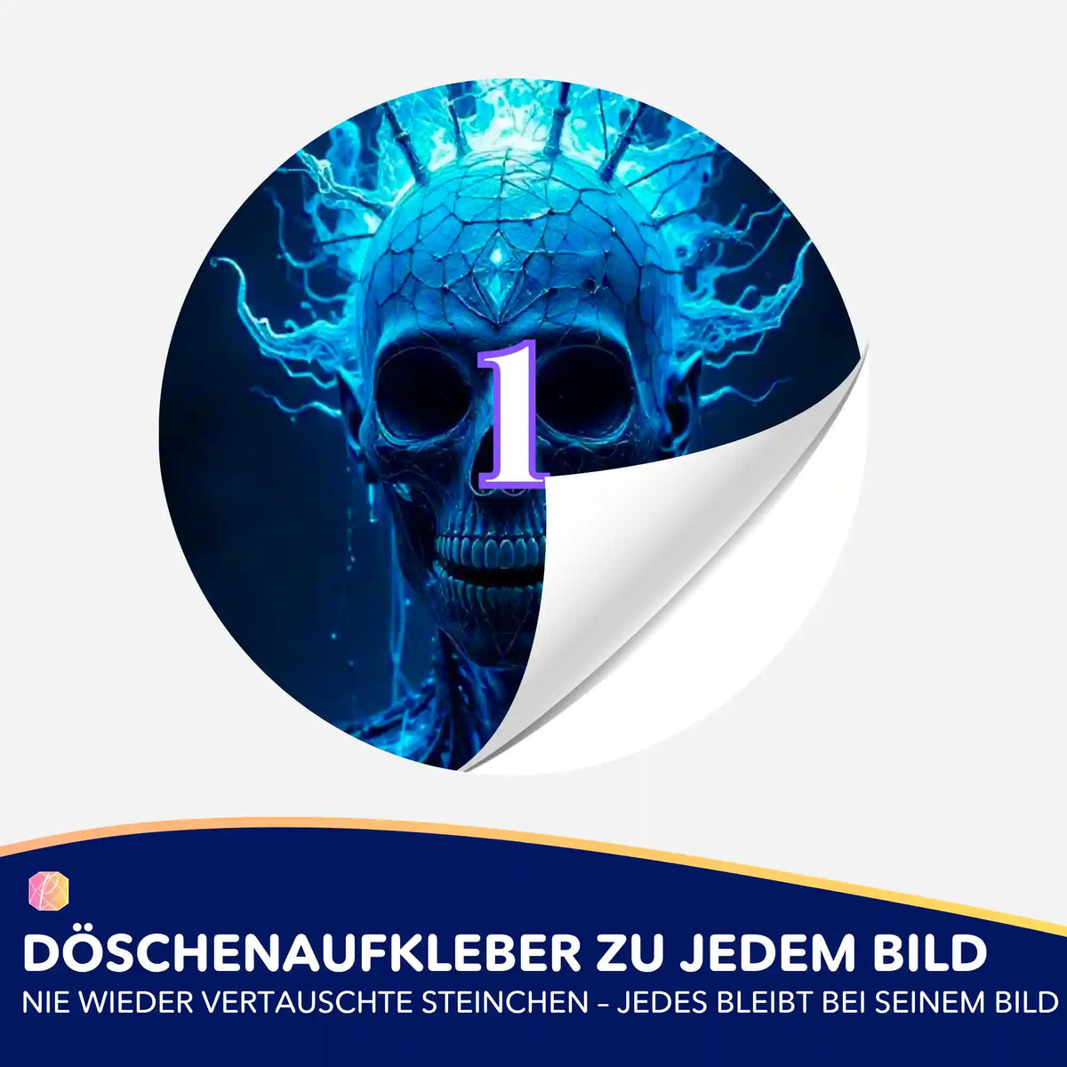 Runder Döschenaufkleber mit blauem Totenkopf-Motiv zur Organisation von Diamond Painting Steinchen