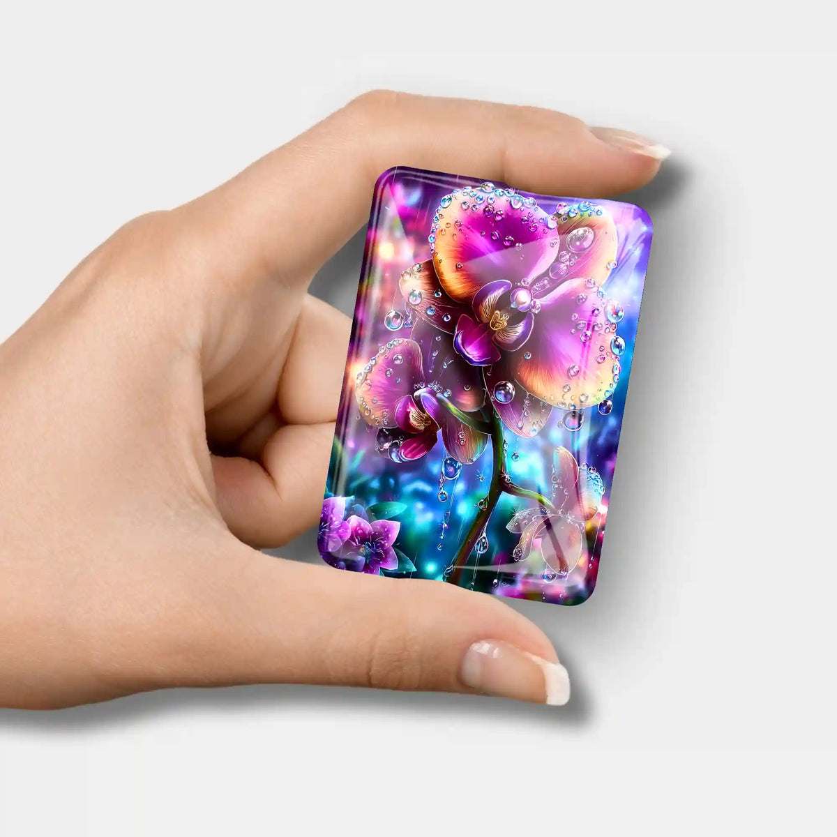 Glas Cover Minder für Diamond Painting mit buntem Orchideen-Motiv Regenkuss in der Hand gehalten