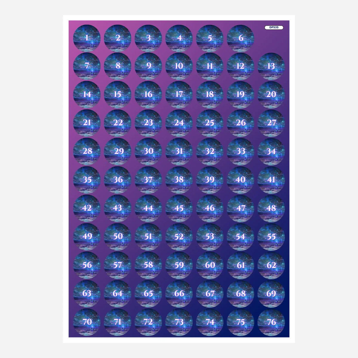 Bogen mit runden Döschenaufklebern für Diamond Painting Zubehör im Ozean- und Universum-Design mit Zahlen von 1 bis 76.
