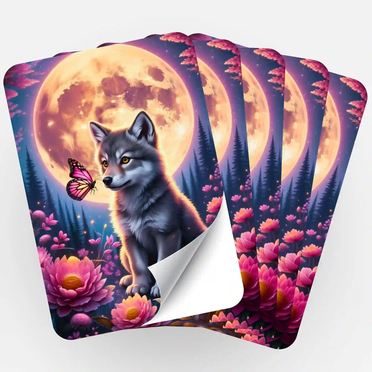 5er Aufkleber-Set mit Wolf und Schmetterling vor Vollmond für Fans von Diamond Painting und Malen nach Zahlen