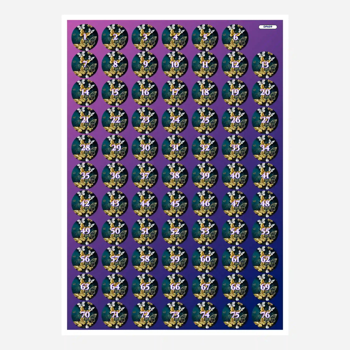 Bogen mit runden Döschenaufklebern für Diamond Painting mit goldenen Schmetterlingsmotiven zur geordneten Steinsortierung
