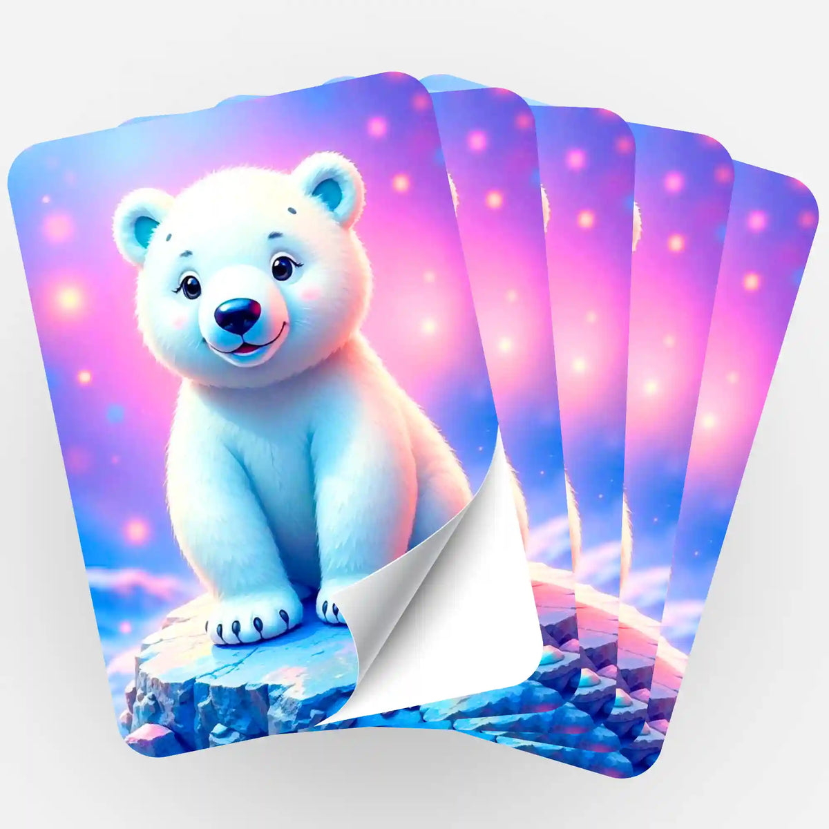 Fünfer-Set Aufkleber mit Eisbär Hugo Motiv für Diamond Painting und Bastelbedarf, farbenfrohes Design auf Stein sitzend.