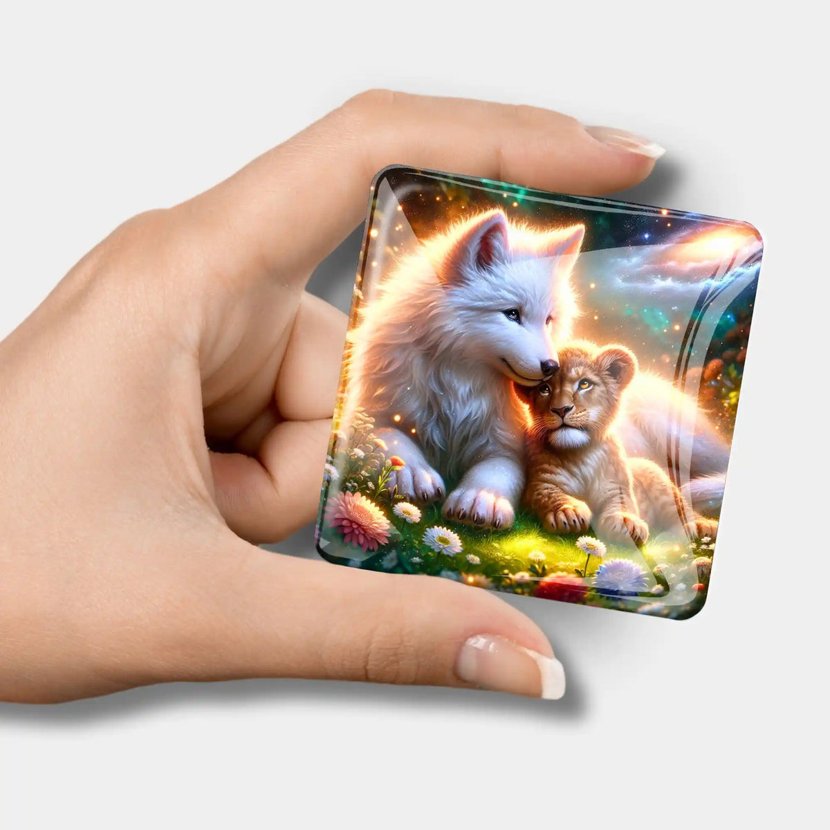 Quadratischer Diamond Painting Cover Minder mit Wolf und Löwenbaby Motiv für magisches Zubehör