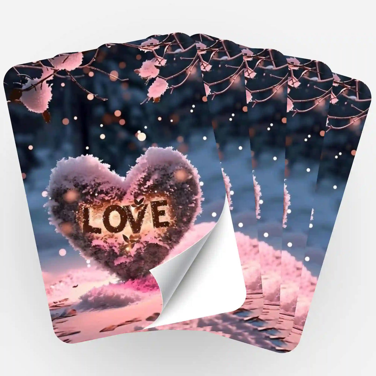 Fünf Picmondoo Aufkleber mit winterlichem Love-Motiv zur Organisation von Diamond Painting und Bastelsets