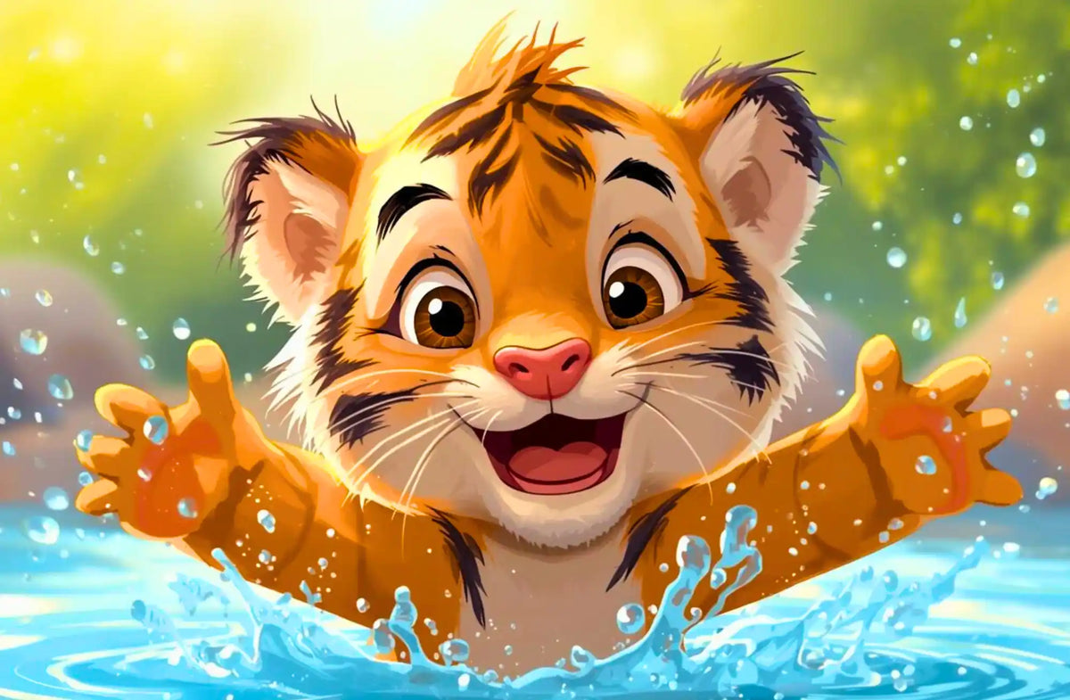 Diamond Painting Set eines niedlichen Tigerbabys, das fröhlich im Wasser planscht mit leuchtenden Farben und Wassertropfen.