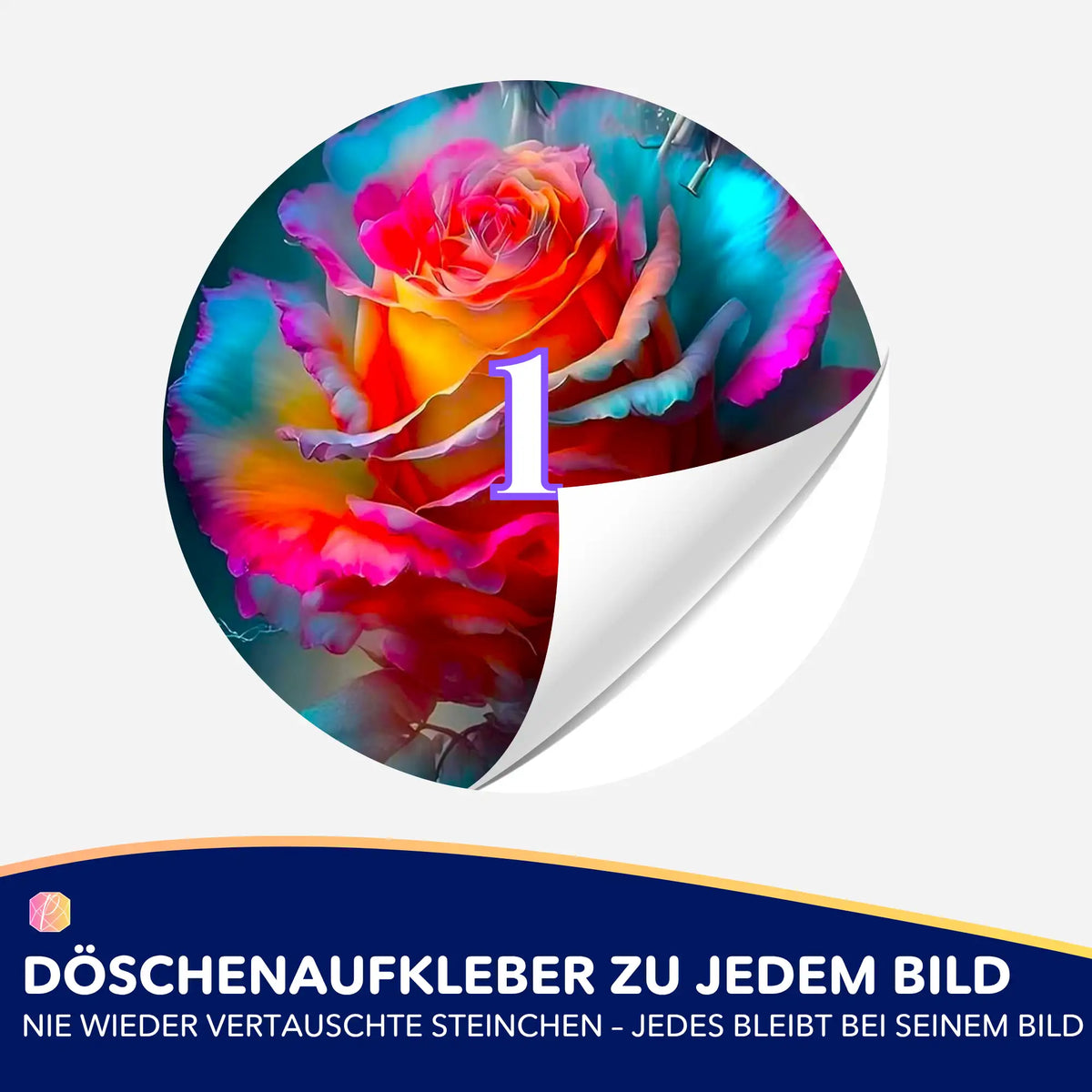 Bunter rundes Döschenaufkleber-Set mit Rosenblüten-Motiv zur Organisation von Diamond Painting Zubehör und Steinchen.