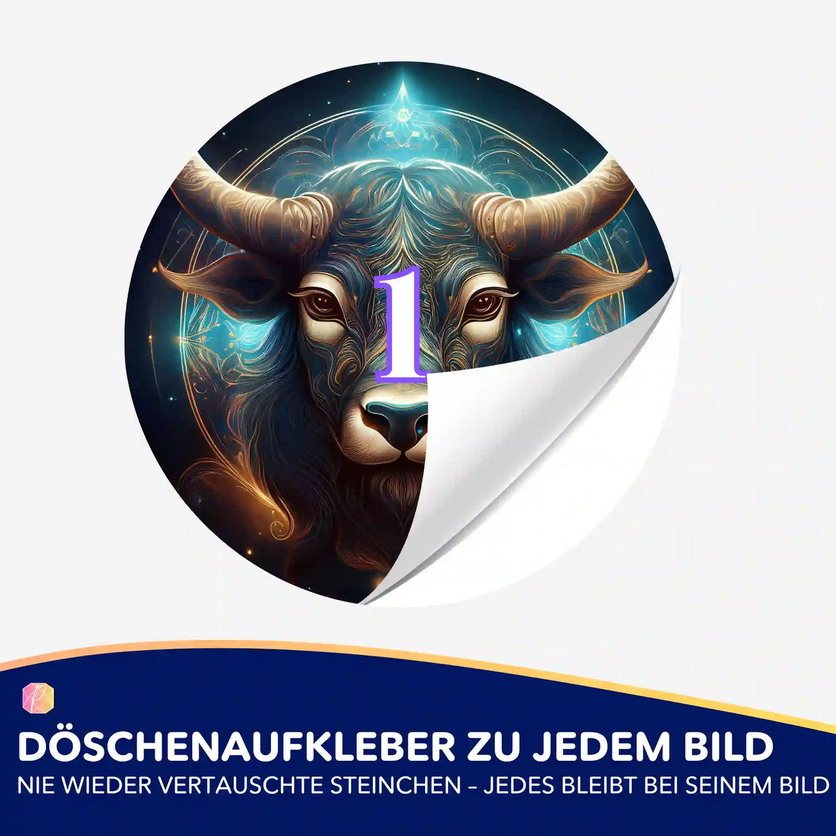 Runder Döschenaufkleber mit Stier-Motiv für Diamond Painting Zubehör zur geordneten Aufbewahrung der Steinchen.