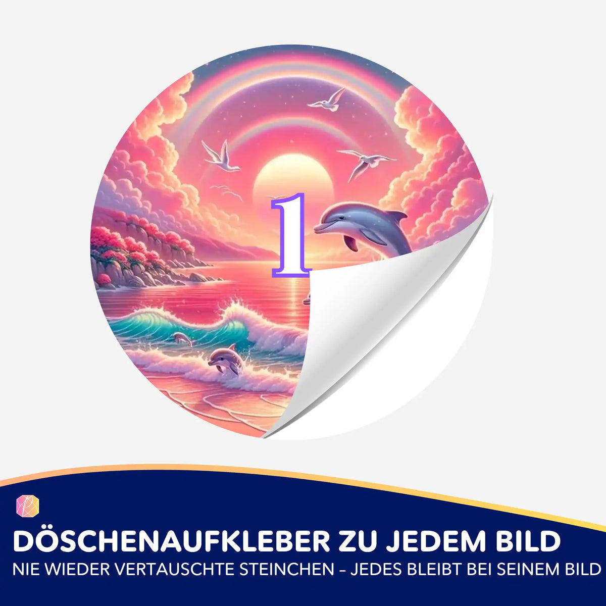 Runder Döschenaufkleber mit Delfin-Motiv zum Sortieren von Diamond Painting Steinchen bei Picmondoo.