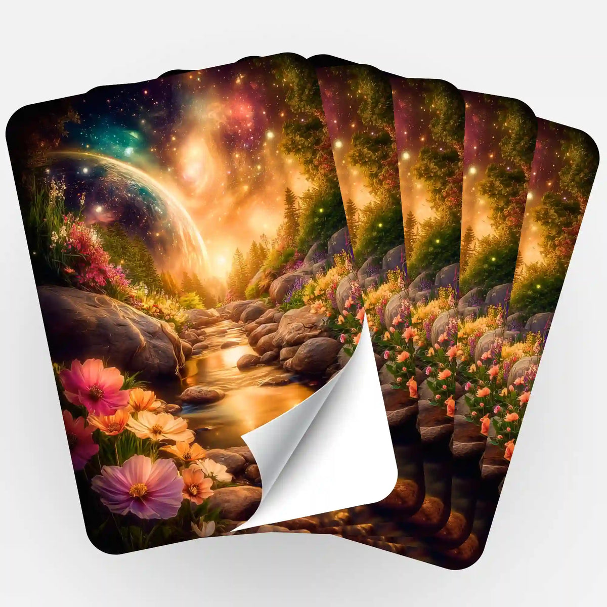 Fünfer-Set Sticker Wo das Licht den Weg kennt für Diamond Painting & Malen nach Zahlen mit magischer Natur-Landschaft.