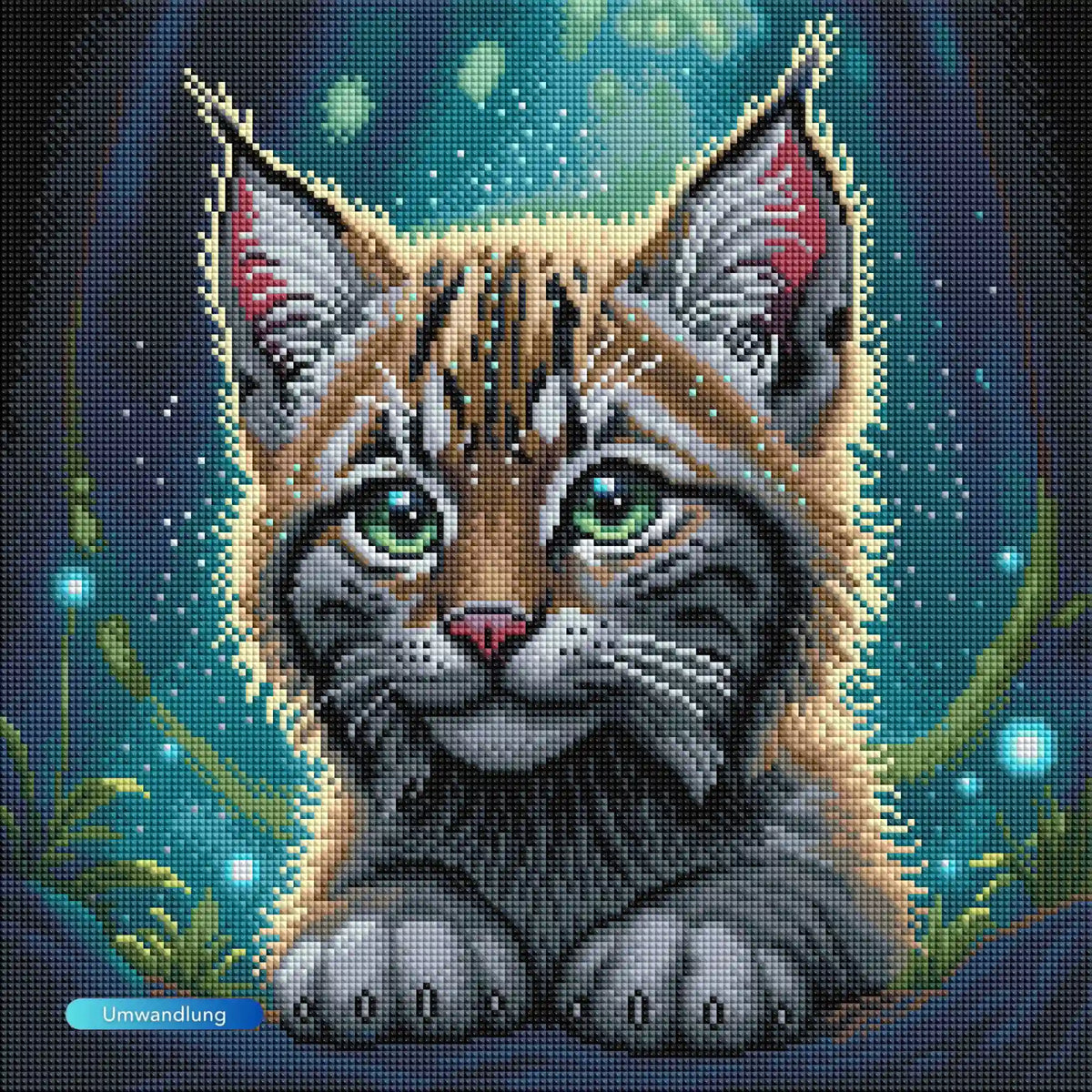 Diamond Painting Set Seele des Waldes mit niedlichem Luchs-Jungtier in einem magischen, leuchtenden Wald