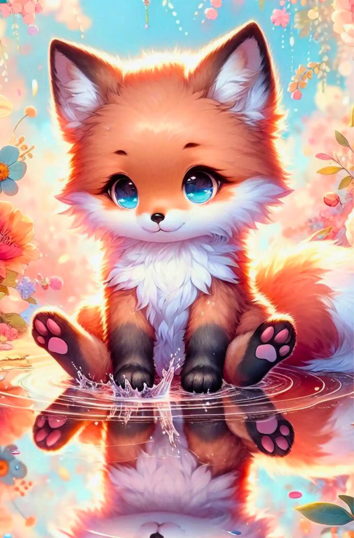 Diamond Painting Set: Niedlicher kleiner Fuchs mit blauen Augen und Blumen in Wasser spiegelnd, 30x45cm