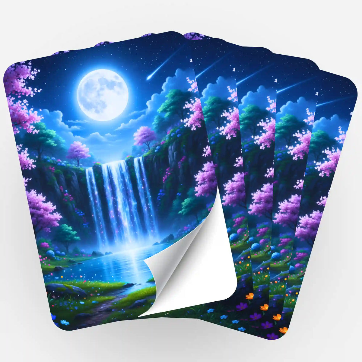 Fünfer-Set Sticker für Diamond Painting mit Motiv Tal der flüsternden Wasser, nächtlicher Wasserfall und Vollmond.