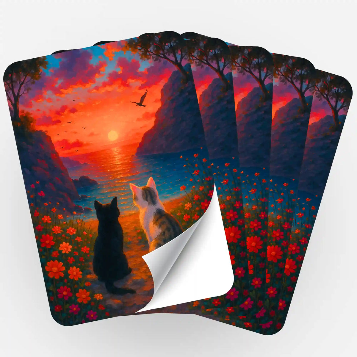 Fünfer-Set Sticker für Diamond Painting mit Katzenmotiv bei Sonnenuntergang für Organisation im Kreativ-Hobby.