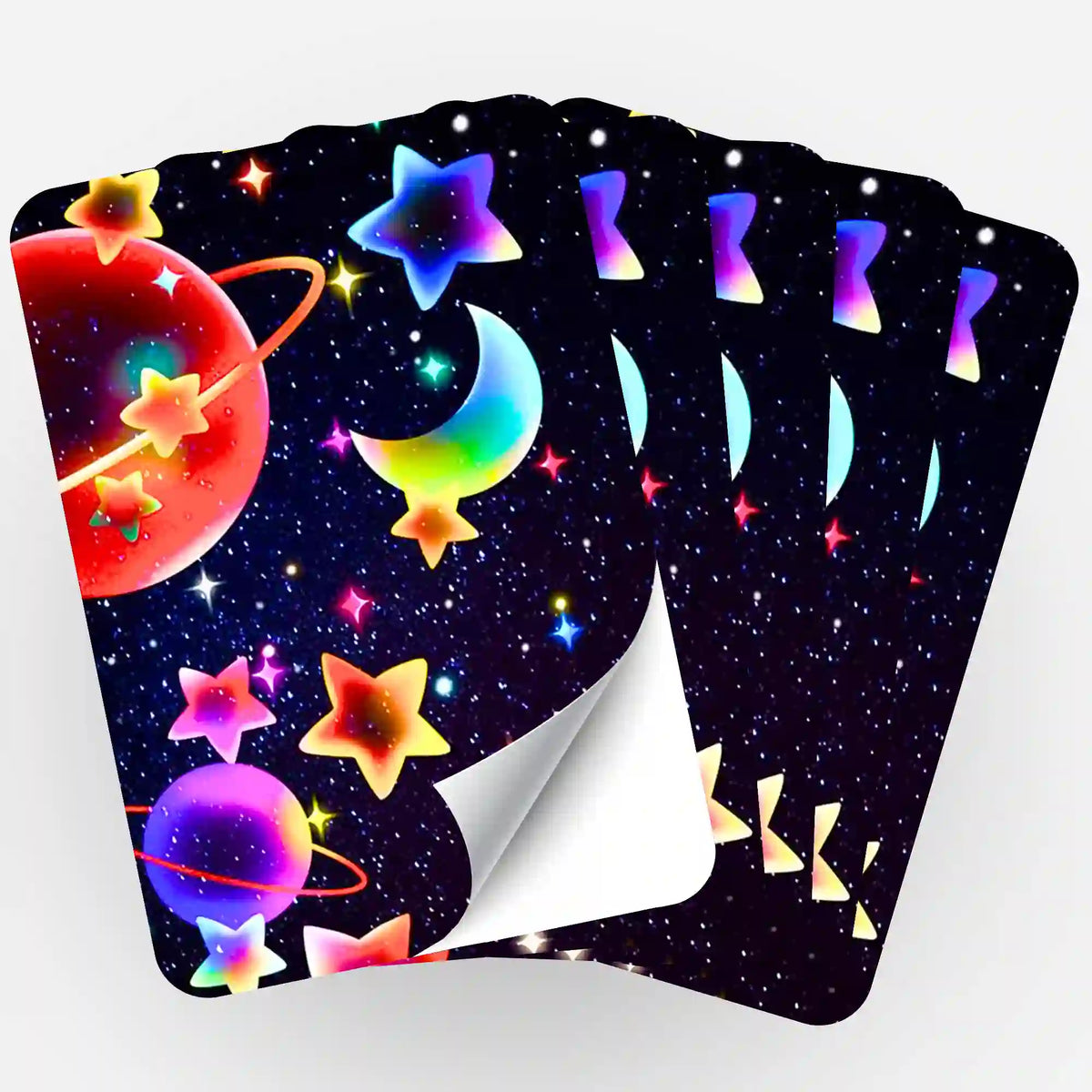 Fächer von 5 Picmondoo Diamond Painting Aufklebern mit buntem Universum Motiv, Planeten und Sternen für DIY-Hobbybedarf.