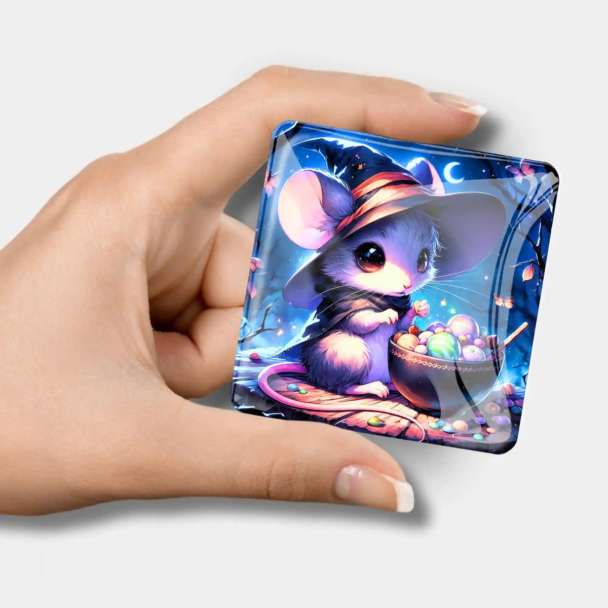 Magischer Cover Minder Mondflausch für Diamond Painting mit süßer Maus-Illustration und glänzendem Glas-Magnet