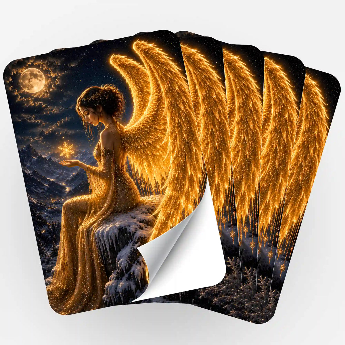 5er-Set Aufkleber für Diamond Painting: Engel mit goldenen Flügeln im Mondschein passend zu Malen nach Zahlen Motiven