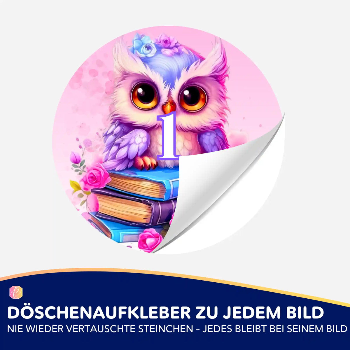 Bunter Diamond Painting Döschenaufkleber mit niedlicher Büchereule auf einem Bücherstapel zur Sortierung der Diamanten