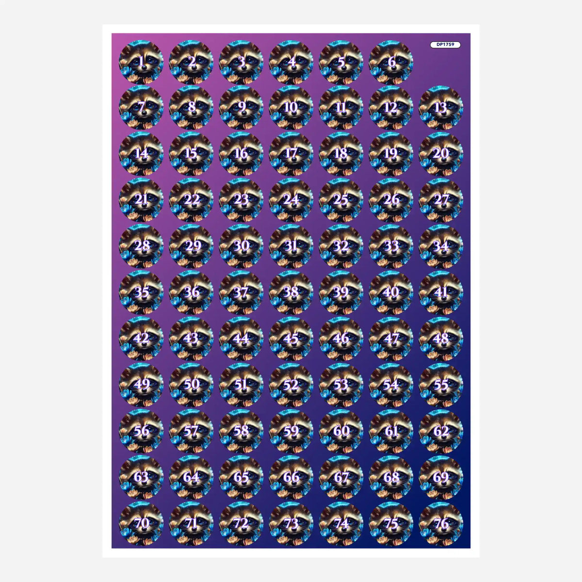 Bunte Diamond Painting Döschenaufkleber mit Waschbär-Motiv zum übersichtlichen Sortieren der Diamanten
