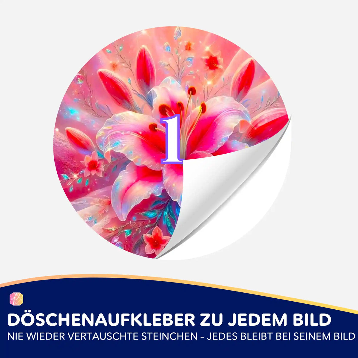 Runder Döschenaufkleber mit zarter Lilie in Rosé für professionelle Diamond Painting Sortierung