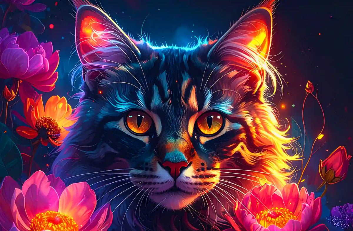 Diamond Painting Set Katze mit goldenen Augen und leuchtenden rosa Blüten im nächtlichen Garten