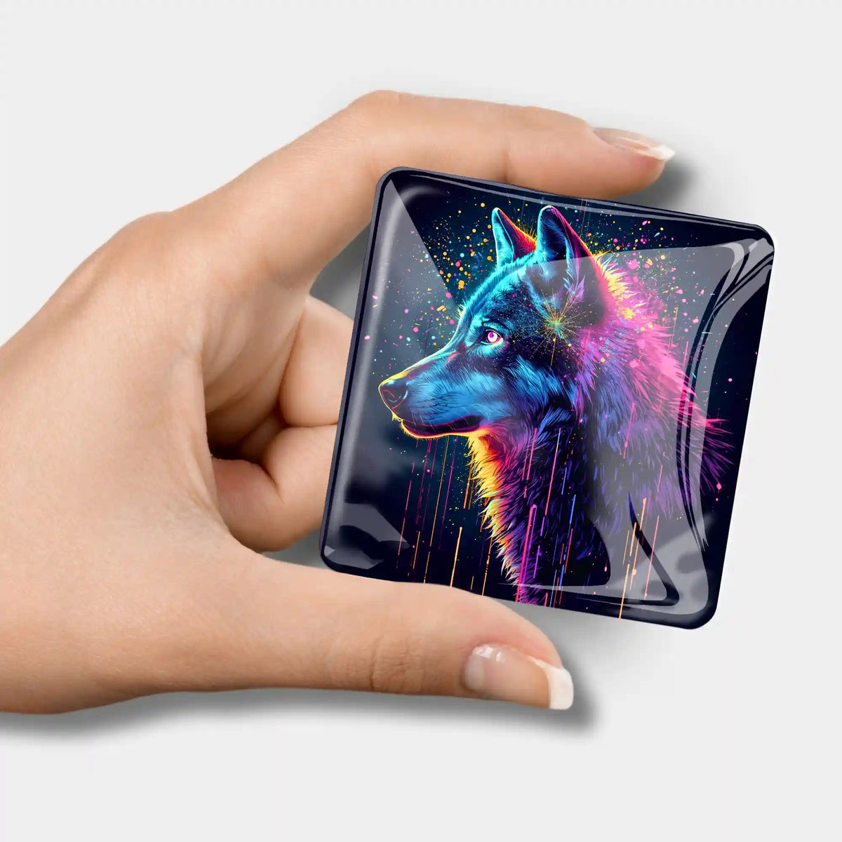 Magischer Cover Minder mit buntem Wolf-Motiv als praktisches Zubehör für dein Diamond Painting Set