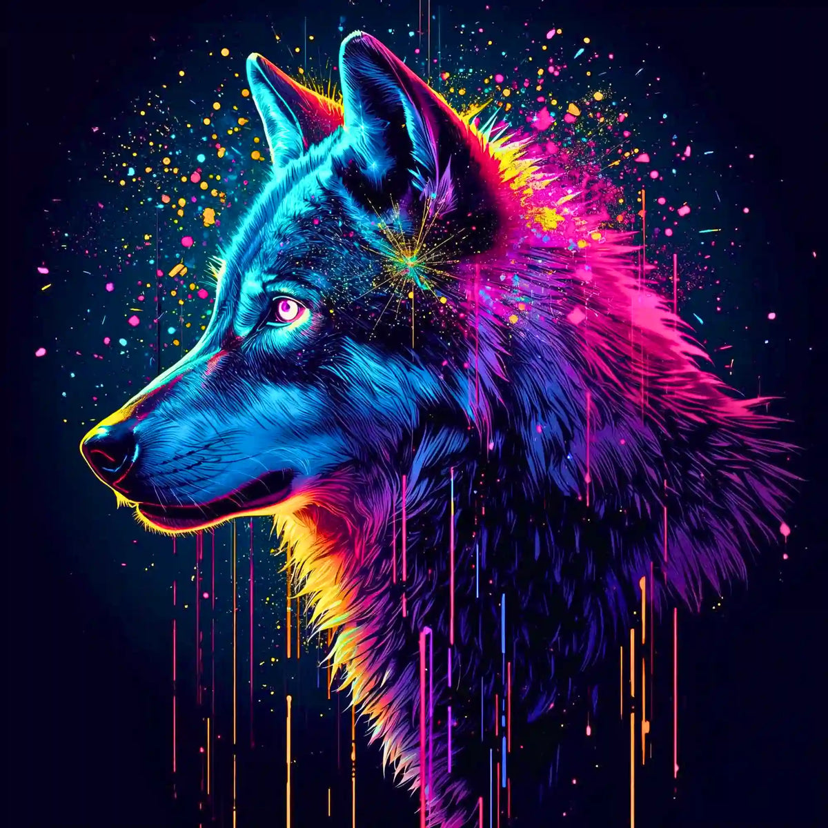 Diamond Painting Set eines mystischen Wolfs in Neonfarben mit leuchtendem Fell und magischen Farbeffekten auf dunklem Grund