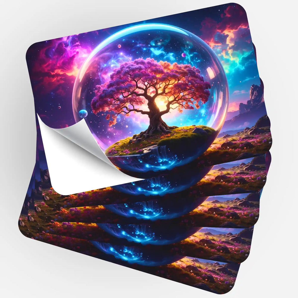 5er-Set Sticker Arbor Eternis für Diamond Painting und Bastelsets mit buntem Lebensbaum im magischen Glaskugel-Motiv