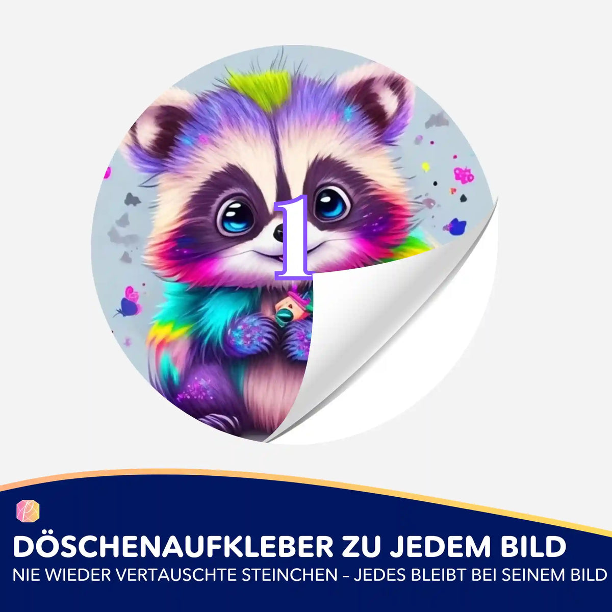 Bunte Waschbär-Döschenaufkleber mit Nummerierung zur Organisation von Steinchen für dein Diamond Painting Set.