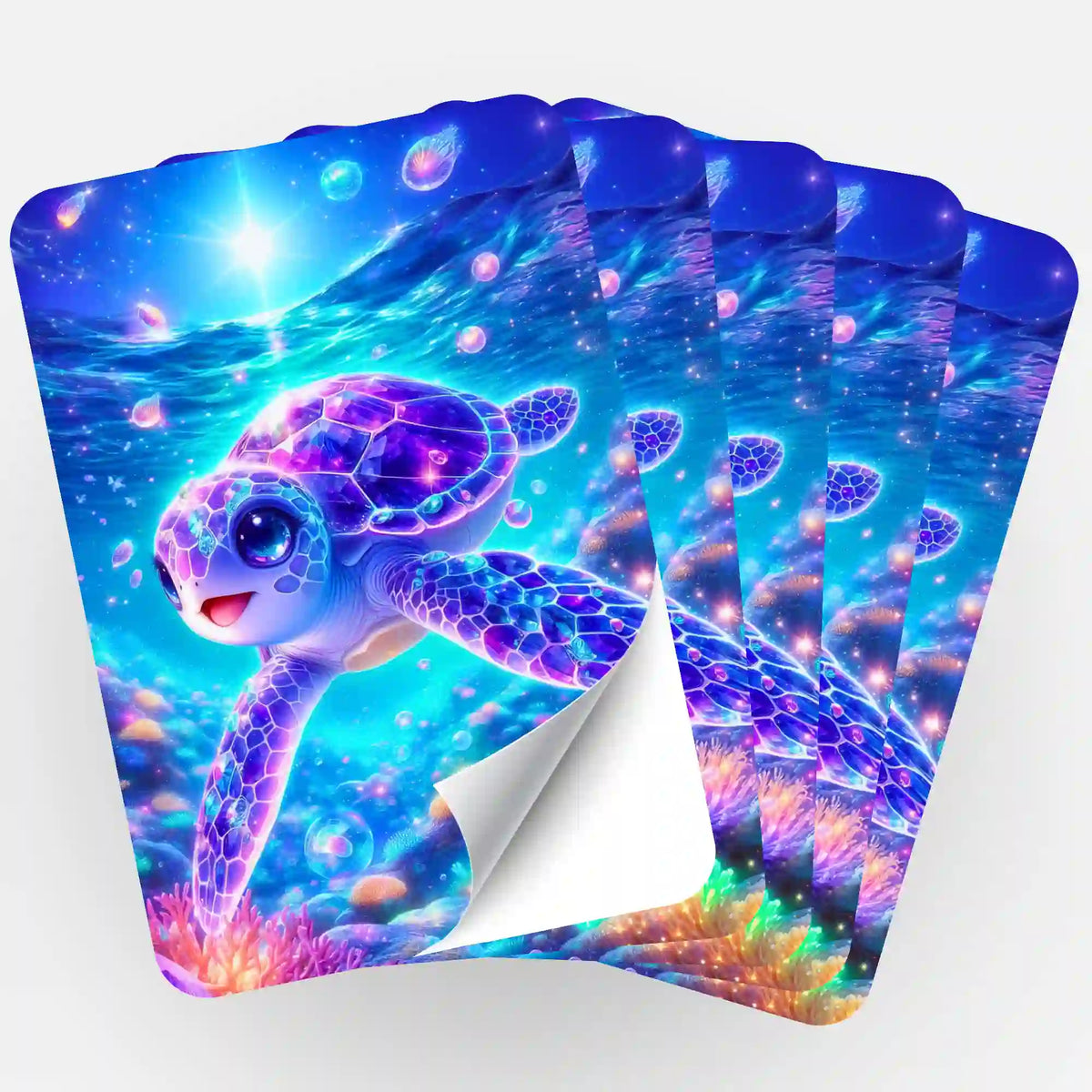 Fächerförmiges 5er-Set Sticker mit süßer Sternenschildkröte im Ozean, ideal als Zubehör für Diamond Painting Organisation.