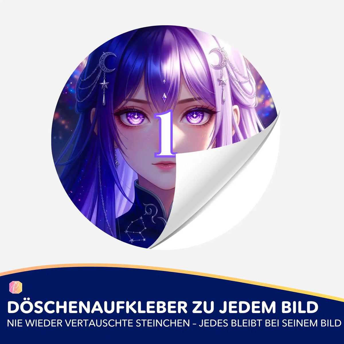 Runder Döschenaufkleber mit lila Anime-Motiv Purple Moon Star zur Organisation von Diamond Painting Steinchen