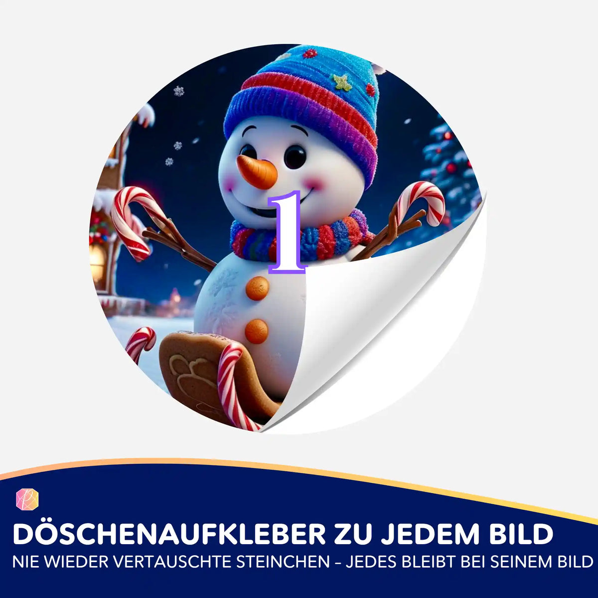 Runde Döschenaufkleber für Diamond Painting mit Schneemann-Motiv, perfekt zur Sortierung von Steinchen für DIY-Sets.