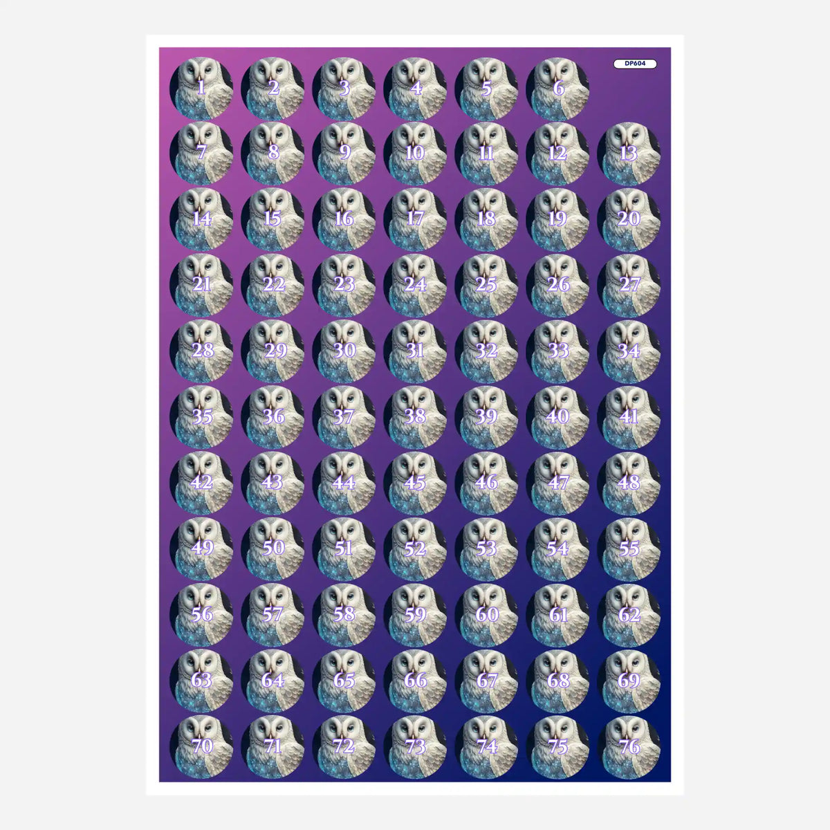 Döschenaufkleber für Diamond Painting mit White Owl Motiv und Zahlen von 1 bis 76 zur Sortierung der Glitzersteine