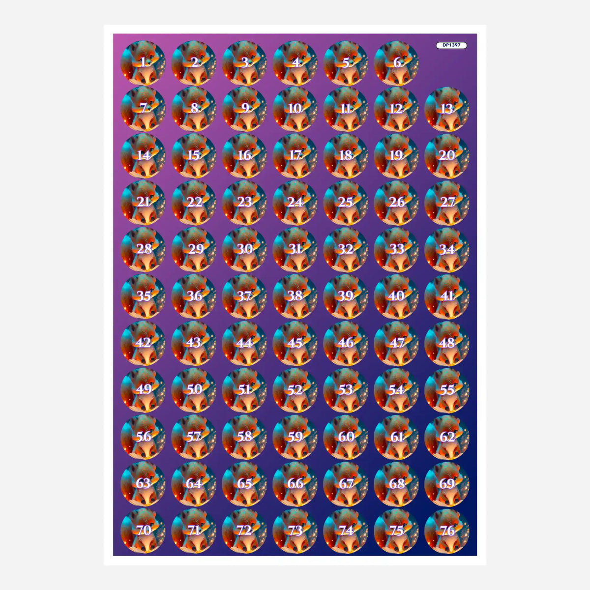 Döschenaufkleber für Diamond Painting mit Fuchsmotiv, sortiert von 1 bis 76 zur Organisation der Steinfarben.