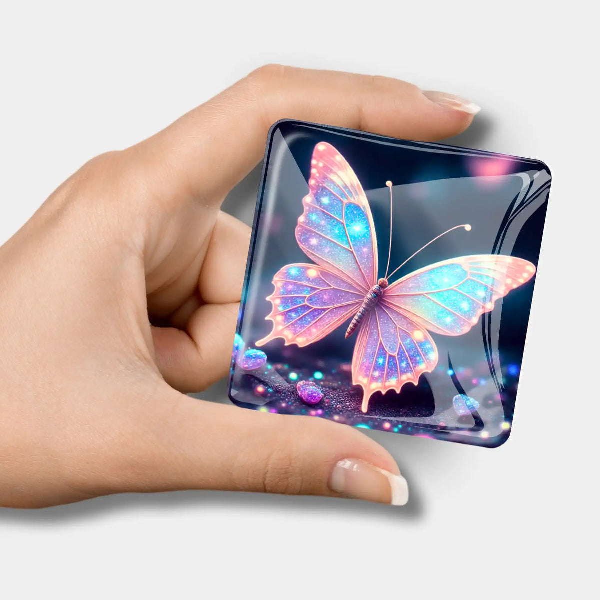 Glas Cover Minder mit leuchtendem Schmetterling Motiv als praktisches Zubehör für Diamond Painting und Bastelsets