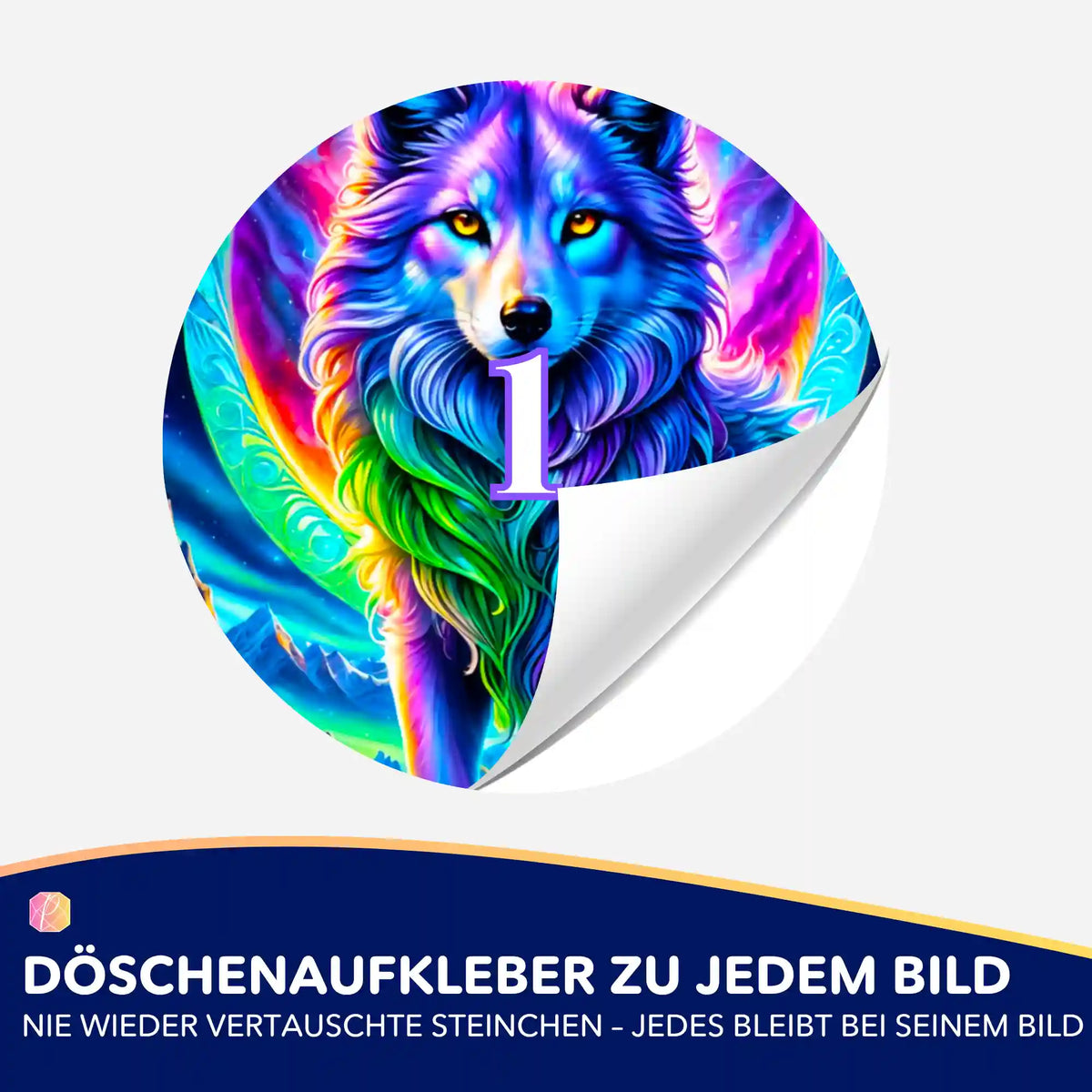 Bunter Wolf Döschenaufkleber für Diamond Painting Zubehör zur Ordnung deiner Steinchen und schnelleren Sortierung