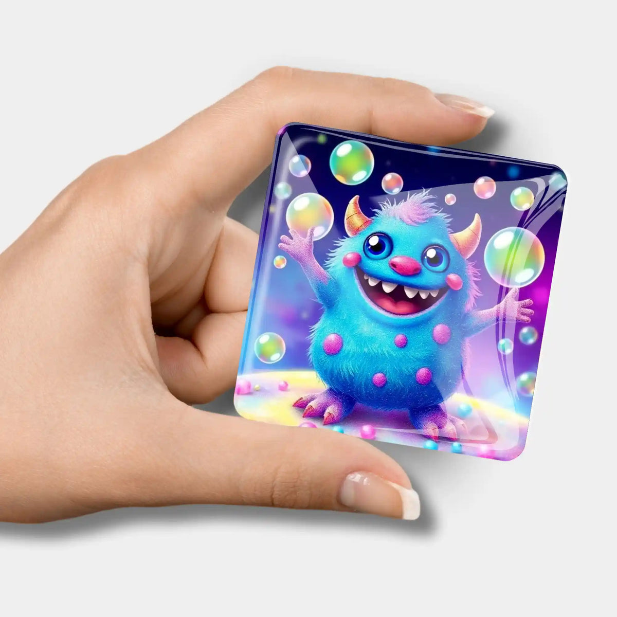 Quadratischer Diamond Painting Cover Minder mit süßem blauem Monster und Seifenblasen aus Glas
