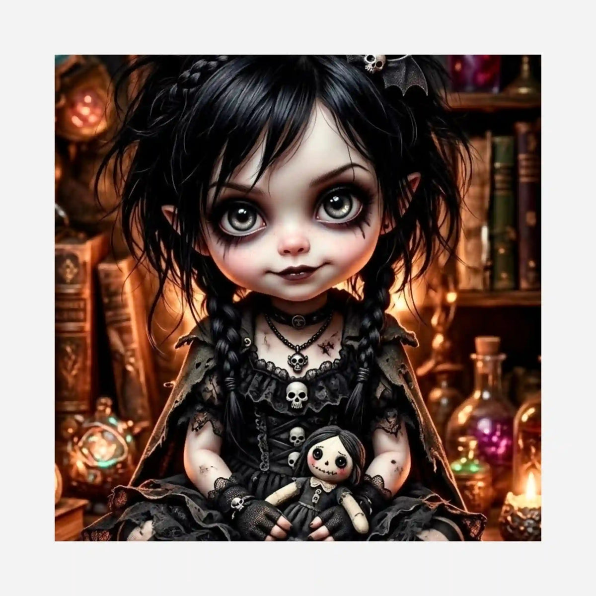 Diamond Painting Silikonpapier Little Mistelchen: Süßes Gothic-Mädchen mit Zöpfen, Totenkopf-Accessoires und Puppe.