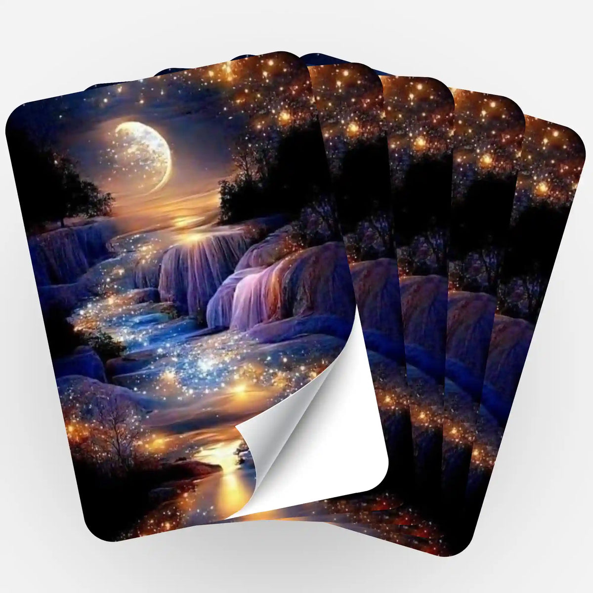 Fünf Picmondoo Aufkleber Set Wonderful Landscape mit Mondschein, Wasserfall und glitzernden Diamond Painting Motiven