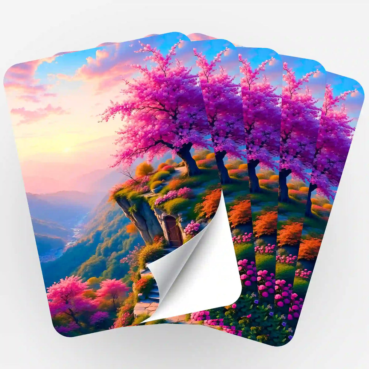 Fünfer-Set Diamond Painting Aufkleber Morgendämmerung mit blühenden Kirschbäumen in einer malerischen Berglandschaft