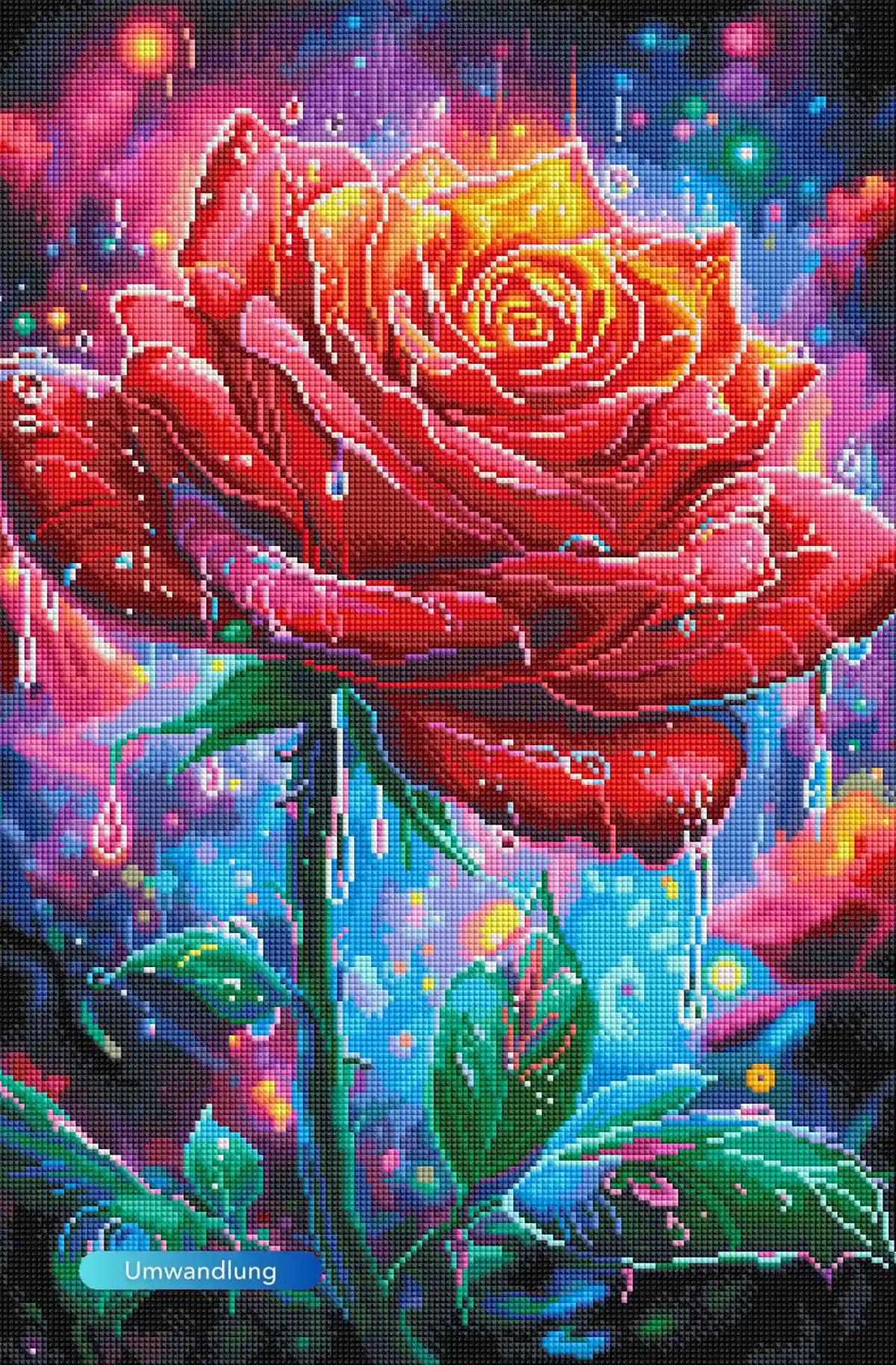 Diamond Painting mit Motiv einer roten Rose im Regen, bunten Glitzersteinen und leuchtenden Wassertropfen.