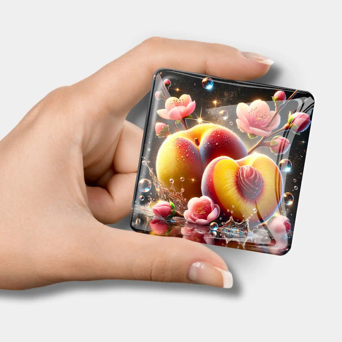 Glas-Coverminder mit Pfirsich-Motiv als praktisches Zubehör für dein Diamond Painting von Picmondoo