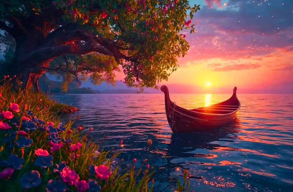 Diamond Painting Set mit magischer Uferlandschaft, Boot im Wasser, Blumen und romantischem Sonnenuntergang.