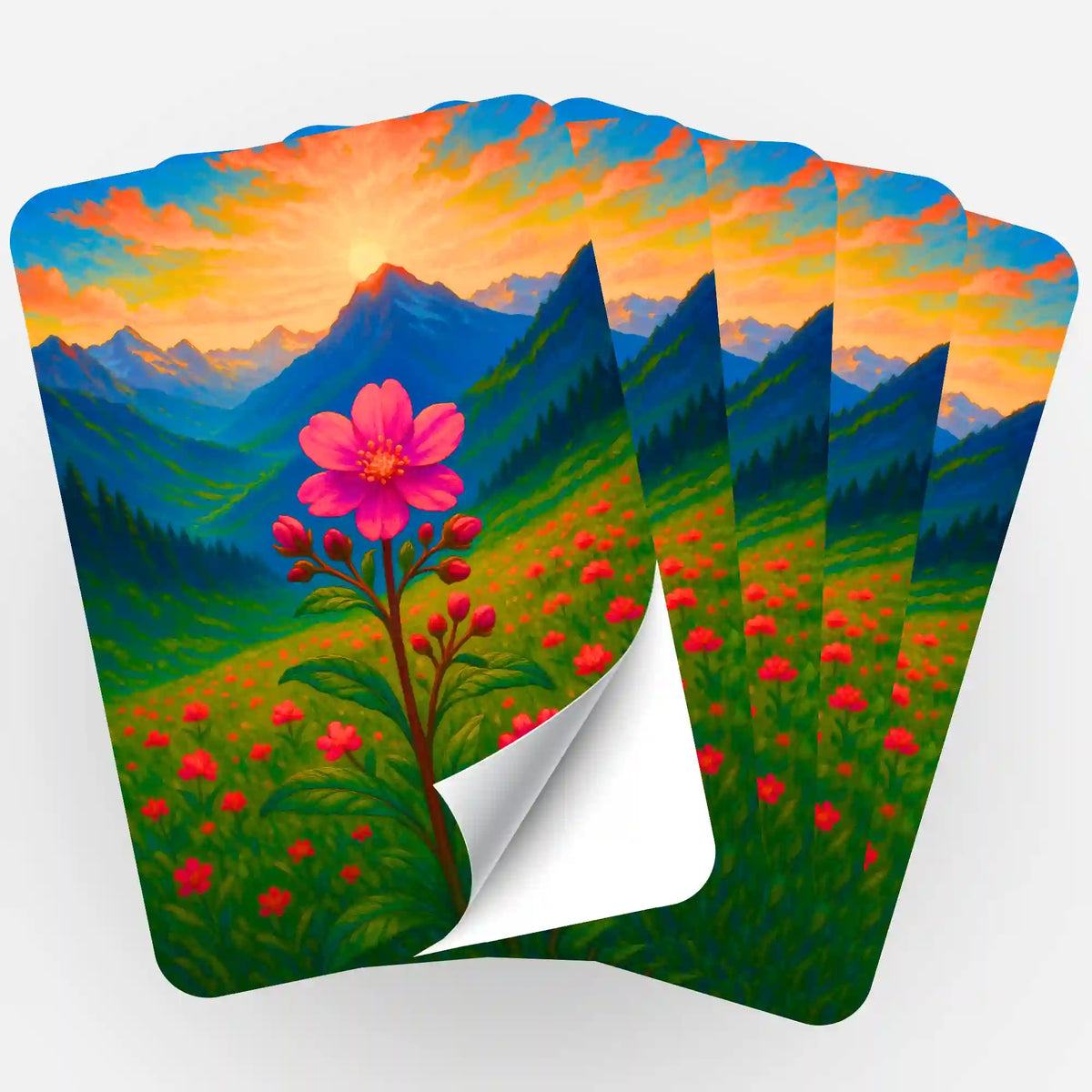 5er-Set Aufkleber Gebirgsblume für Diamond Painting Organisation mit farbenfrohem Berglandschaft-Motiv und Sonnenuntergang