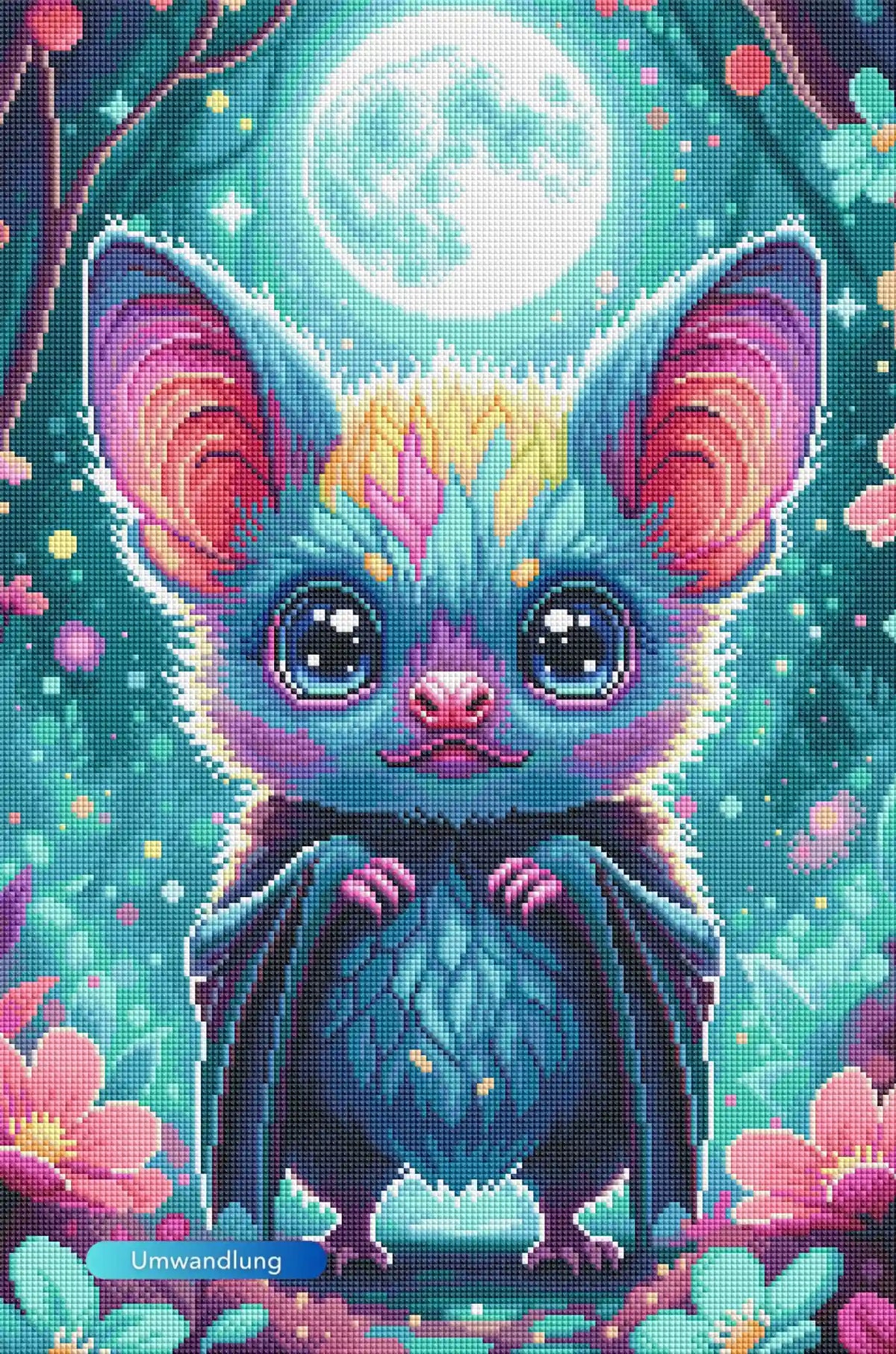 Diamond Painting Set: Niedliche bunte Fledermaus bei Vollmond in einem magischen Wald mit Blumen.