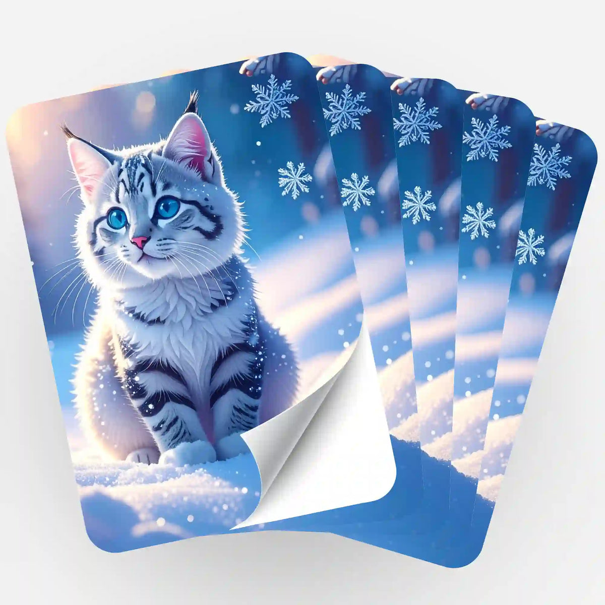 5er-Set Schneegeist Aufkleber für Diamond Painting Organisation mit süßem Kätzchen im Schnee und Schneeflocken-Motiv