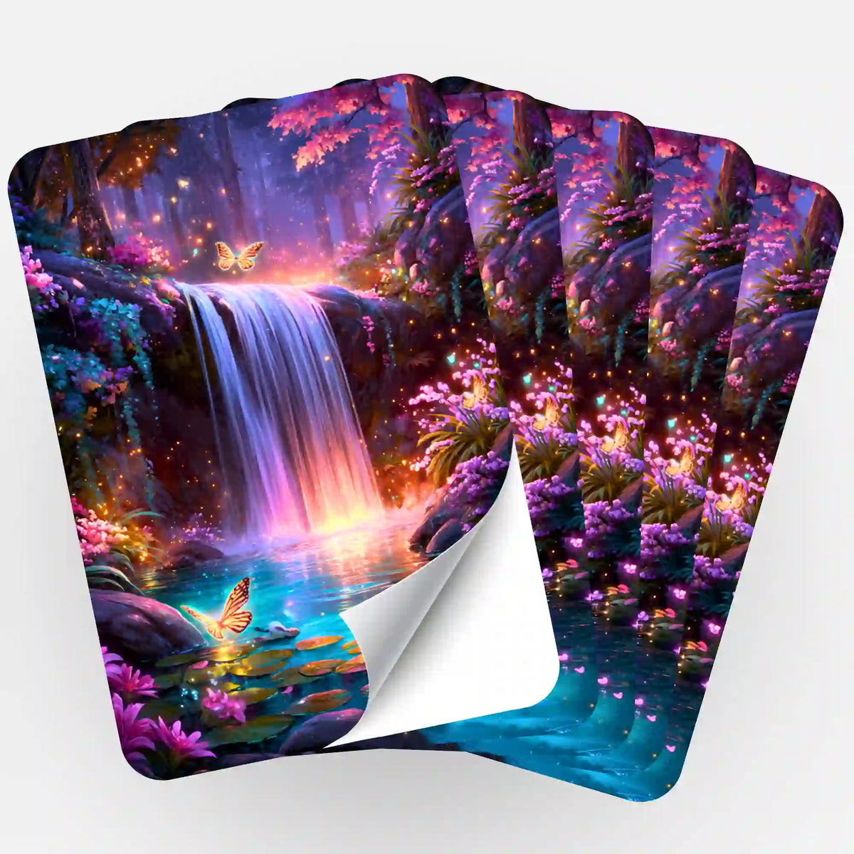 Fünfer-Set Diamond Painting Aufkleber Hain der erwachten Farben mit Wasserfall, Schmetterlingen und leuchtender Waldflora