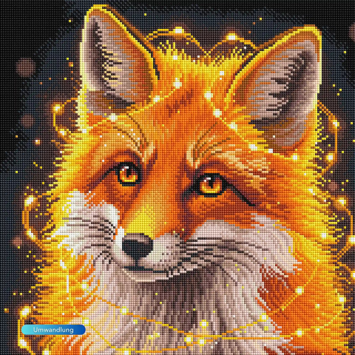 Diamond Painting Set eines magischen Fuchses mit leuchtendem orangenem Fell und glitzernden Details auf schwarzem Grund.