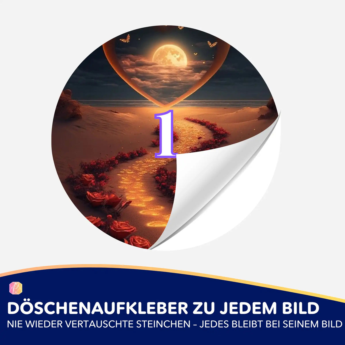 Bunter Diamond Painting Döschenaufkleber mit Mondmotiv zur übersichtlichen Sortierung der Steine bei DIY-Bastelsets.