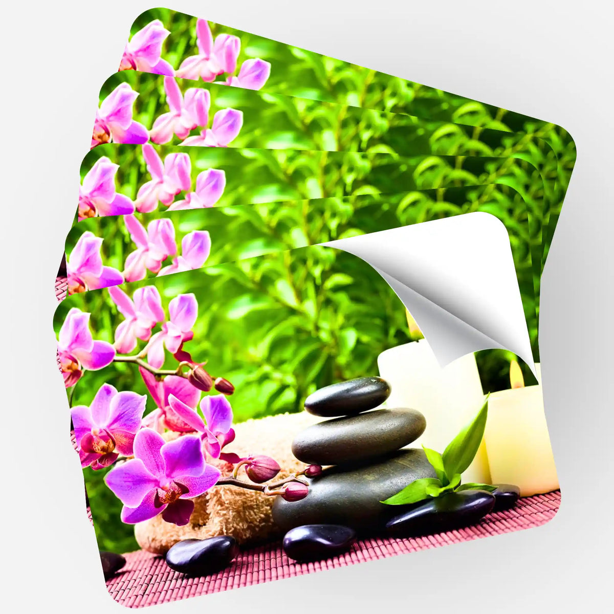 5er-Set Aufkleber Oase der Entspannung für Diamond Painting Zubehör mit Motiv von Orchideen, Wellness-Steinen und Kerzen