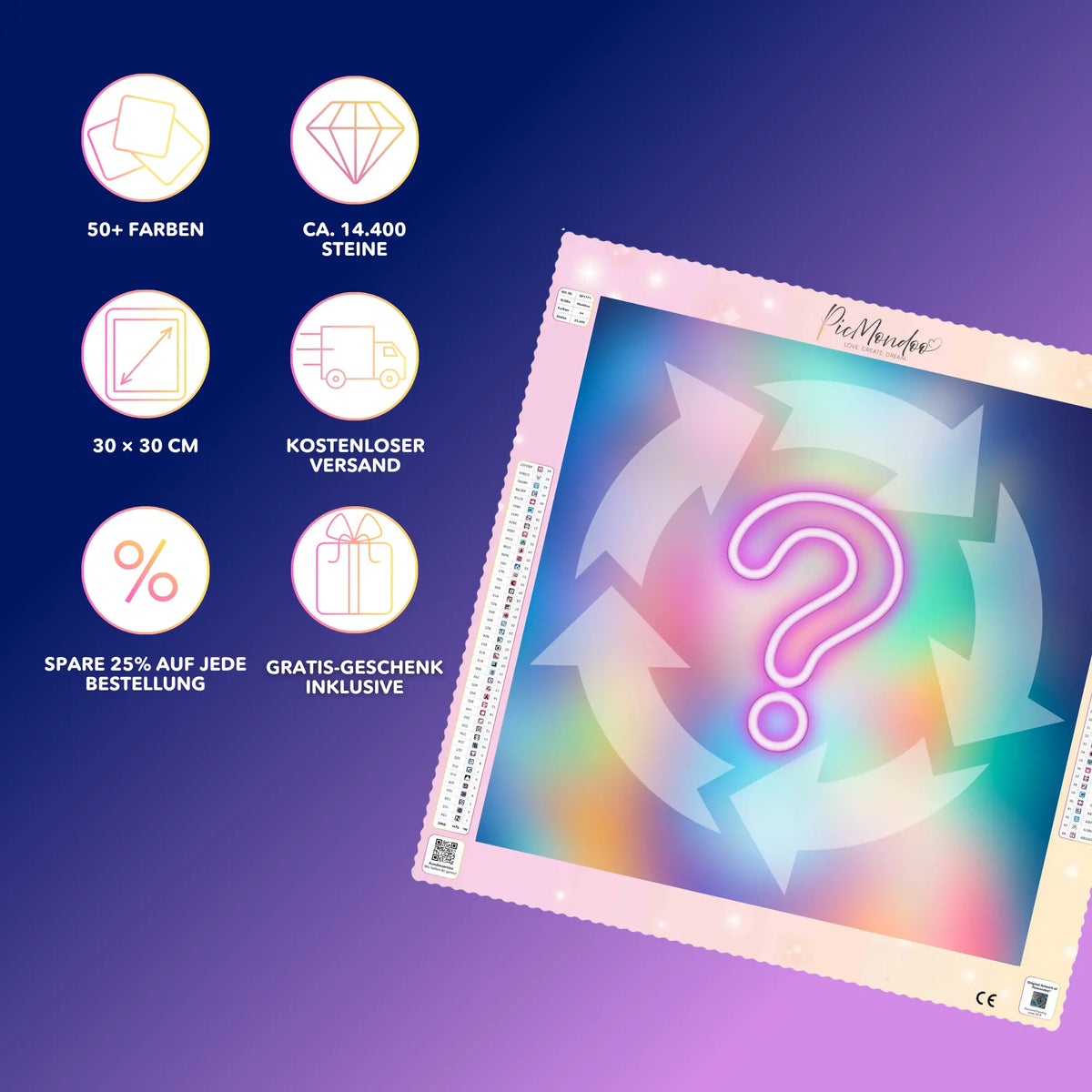 Picmondoo Diamond Painting Mystery Edition Set mit Leinwand, 14.400 Steinen und 50 Farben im praktischen Abo-Paket